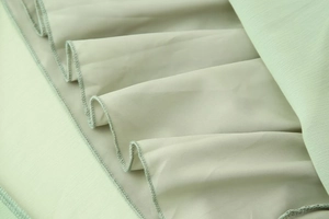 Detailaufnahme der gestuften Rüschenkante an einem mintgrünen Chiffon-Langarmkleid