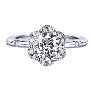 Classic 1 carat moissanite ring with floral halo setting in S925 sterling silver band