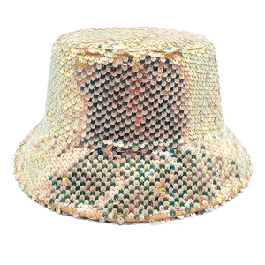 Detail of colorful sequins on double-sided bucket hat with iridescent shimmer