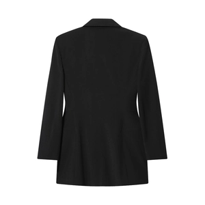 Back view of a black double-breasted dress suit jacket with slim fit waist design
