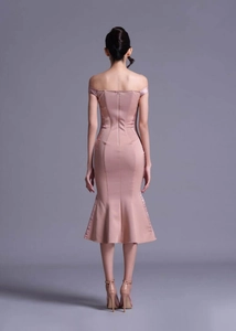 Elegant off-the-shoulder pink satin fishtail maxi dress showing slim fit back view