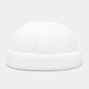 Detail of white sherpa teddy fleece docker hat showing thick plush texture and rolled brim