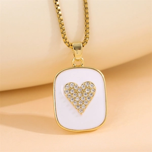 Stainless Steel Heart Pendant Necklace Square Enamel Rhinestone Clavicle Chain Korean Fashion Jewelry For Women