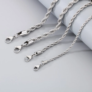 Detailed comparison of silver stainless steel twisted rope chains in four different sizes