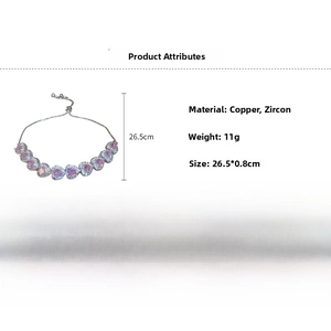 Detail view of pink heart zircon bracelet with copper material and dimension specs