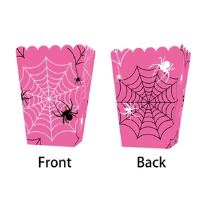 Rosa Spinnennetz Popcorn-Boxen für Halloween-Partys, Vorder- und Rückansicht im Set
