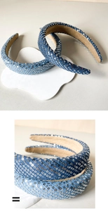 Detail of padded blue denim headband with silver sequins and beige non-slip lining