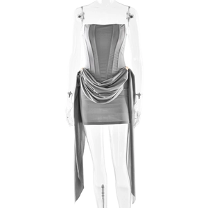 Detail of grey strapless bodycon dress with elegant waist draping and long decorative streamers