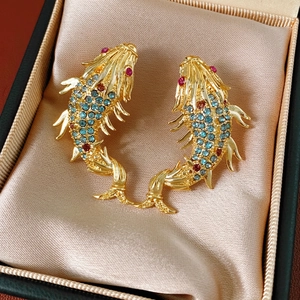 Vintage gold carp earrings with sparkling multi-color crystals in premium jewelry box