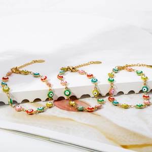 Colorful Evil Eye enamel bracelets on gold stainless steel base with adjustable lobster clasp