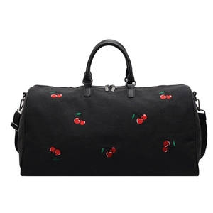 Large black canvas travel duffle bag featuring vintage cherry embroidery and PU handles