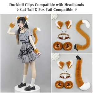Handmade orange plush fox cosplay set with faux fur cat ears headband and long fluffy tail