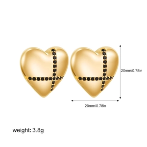 18K gold heart-shaped stud earrings with micro-set black zircon and cross pattern