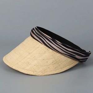 Close-up of zebra pattern fabric headband and woven raffia straw brim sun visor