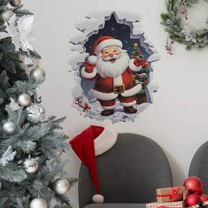 Three Dimensional Christmas Wall Sticker Santa Claus Broken Wall Effect PVC Removable Decal For Home Festive Decoration