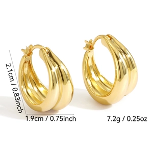 Minimalist gold plated striped double hoop earrings with product size and weight labels