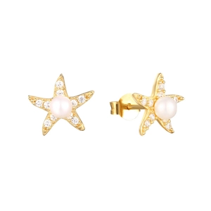 Close-up of S925 silver starfish earrings with gold plating, pearls and sparkling zircons