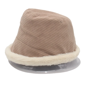 Winter light brown waffle knit bucket hat with thick white faux fur trim and warm lining