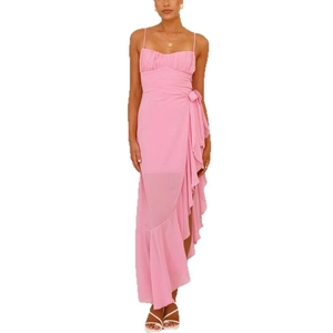 Robe longue rose dos nu à bretelles avec volants et ourlet irrégulier pour femmes