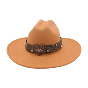 Detailed view of camel felt fedora hat featuring heart-shaped buckle and studded band