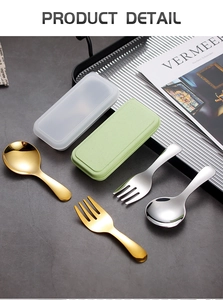 Detail of short-handle stainless steel spoon and fork set with portable storage boxes
