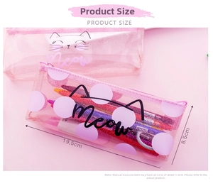 Detailed view of cute pink transparent PVC pencil case with cat face and Meow text