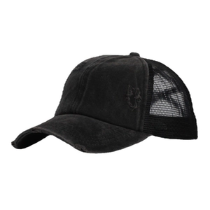 Washed charcoal ponytail trucker hat with mesh back and distressed frayed baseball cap brim
