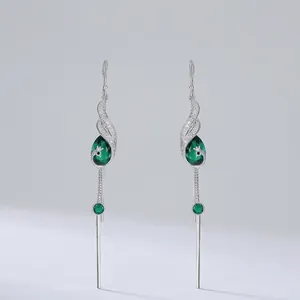 925 Sterling Silver Peacock Lab-Created Emerald Dangle Earrings With Zirconia Long Tassel Ear Wire Luxury Jewelry Gift