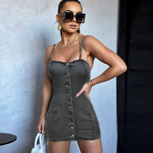 Washed Grey Elastic Denim Mini Dress Spaghetti Strap Front Button Down Bodycon Sexy Streetwear Party Outfit For Women