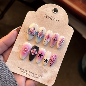 3D Flower French Gradient Almond Press On Nails Sweet Shell Pattern Rhinestone Stiletto False Nails For Women Nail Art Decoration