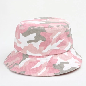 Detailed close-up of pink camouflage bucket hat with reinforced stitching and breathable cotton