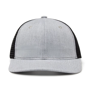 Grey and black mesh trucker hat with curved brim, breathable baseball cap for outdoors