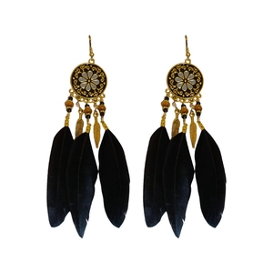 Bohemian drop oil round feather tassel hook earrings in vintage ethnic style for women