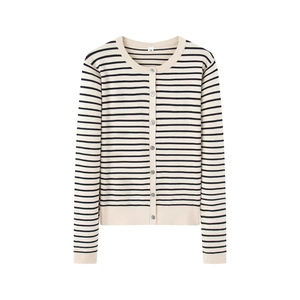 Gilet classique rayé beige et noir avec col rond et fermeture à boutons pour femme