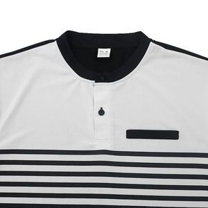 Detail of men's polo shirt featuring a striped design, V-neckline with two-button placket
