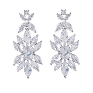 Close-up of sparkling silver floral earrings with marquise cut stones for weddings