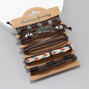 5-piece set of brown woven leather bracelets with star and feather metal charms
