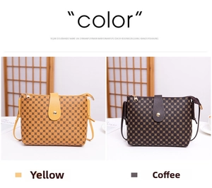 Close-up of printed bucket bags in yellow and coffee faux leather with magnetic closure