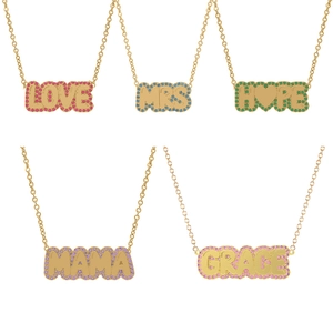 Gold stainless steel bubble letter necklaces with colorful zircon stones for women