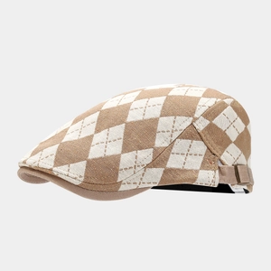 British style retro flat cap featuring classic brown argyle pattern and metal buckle