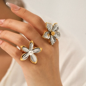 Stainless Steel Flower Open Ring Gold Silver Mixed Color With Artificial Pearl Adjustable Statement Jewelry For Women