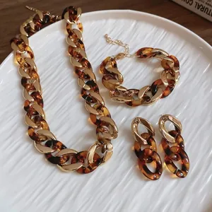 Retro Leopard Print Chunky Chain Necklace Bracelet Earrings Alloy Acrylic Tortoiseshell Brown Gold Fashion Accessories