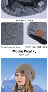 Detail of warm winter knit hat with thick grey faux fur lining and mountain sport logo