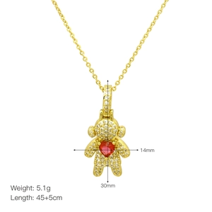 Gold-plated bear pendant necklace with red heart stone and pavé cubic zirconia