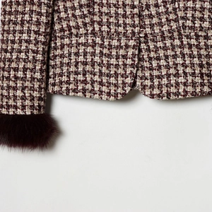 Women's tweed cropped blazer featuring houndstooth pattern and faux fur cuffs decoration