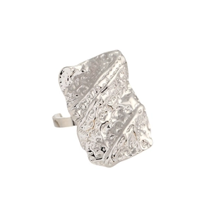 Minimalist silver pleated titanium steel open ring with irregular hammer textured finish