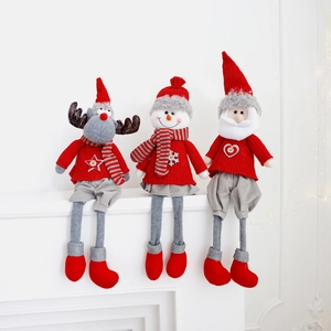 Three-piece Christmas plush doll set with Santa, Snowman and Reindeer on white surface