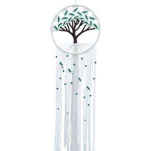 Handwoven Tree of Life wall hanging with white cotton ropes and green bead tassels