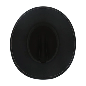 Overhead view of wide brim black wool felt fedora with detailed stitching and flat crown