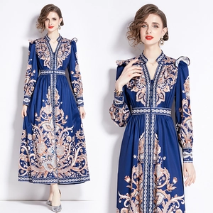 Women Retro Court Style V Neck Paisley Print Maxi Dress Long Lantern Sleeve Button Up High Waist Polyester Bohemian